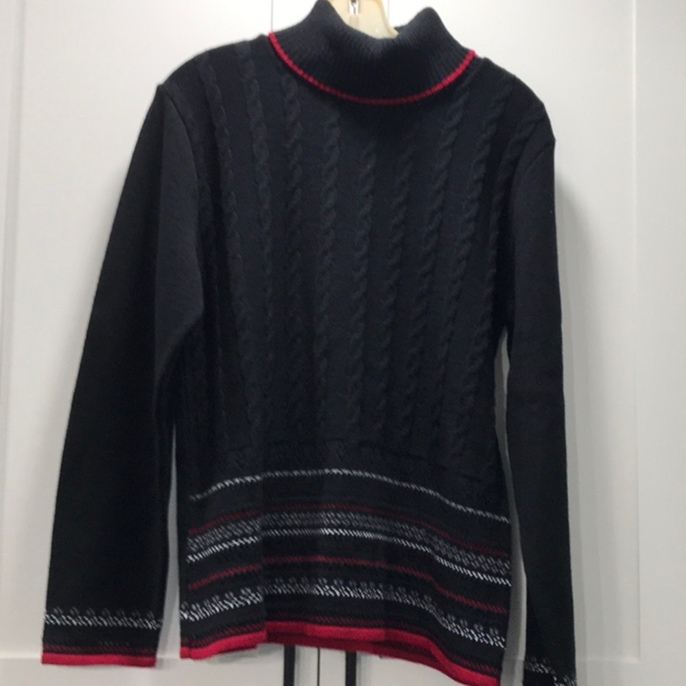 Vintage Excelsior Black, Red, and White Cable Knit turtleneck Women's Sweater